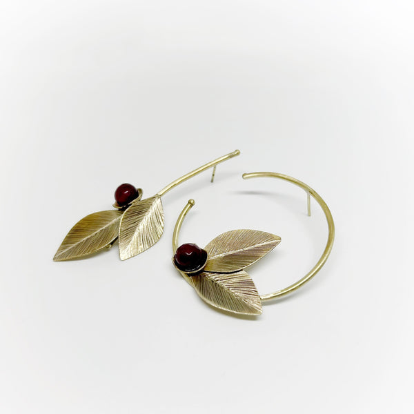 Asymmetrical Leaves Brass Earrings with Gem