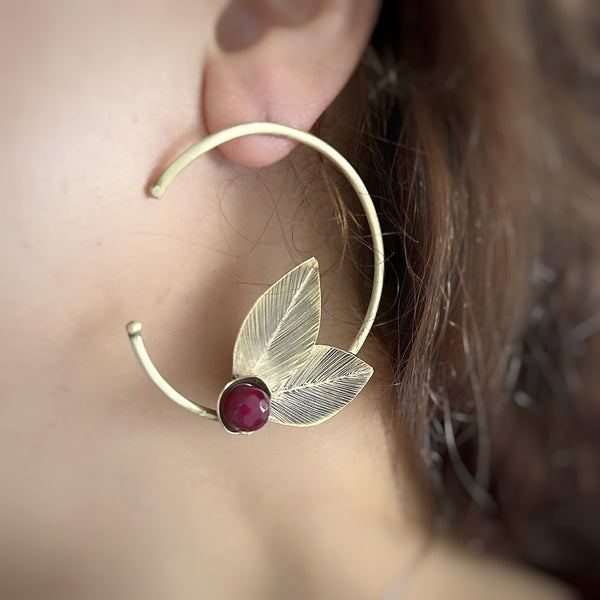 Asymmetrical Leaves Brass Earrings with Gem