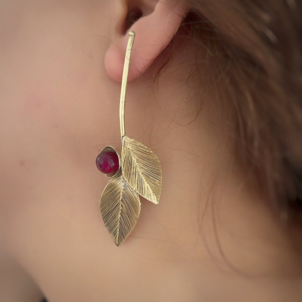 Asymmetrical Leaves Brass Earrings with Gem