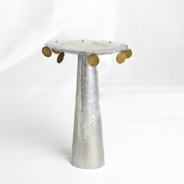 Copper Footed Tray Adorned with Pahlavi Coins