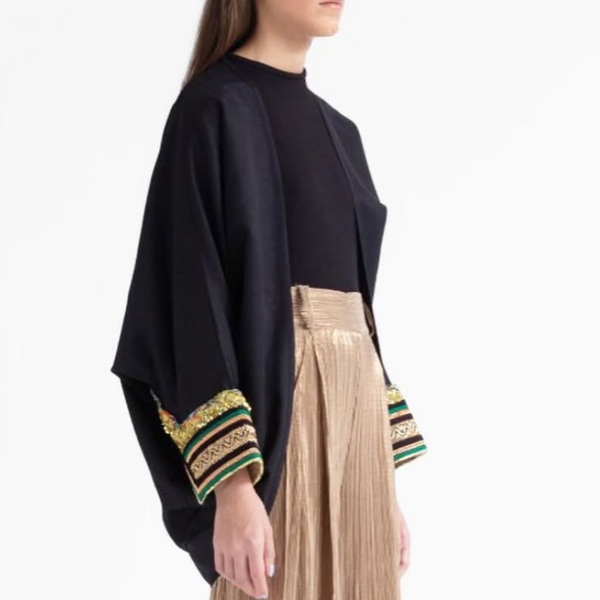 Black Naazkhaatoon Drape Jacket with Khoos-Embroidered Cuffs