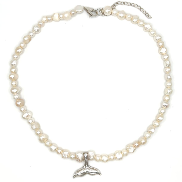 Big Silver Whale Tail Pearl Necklace