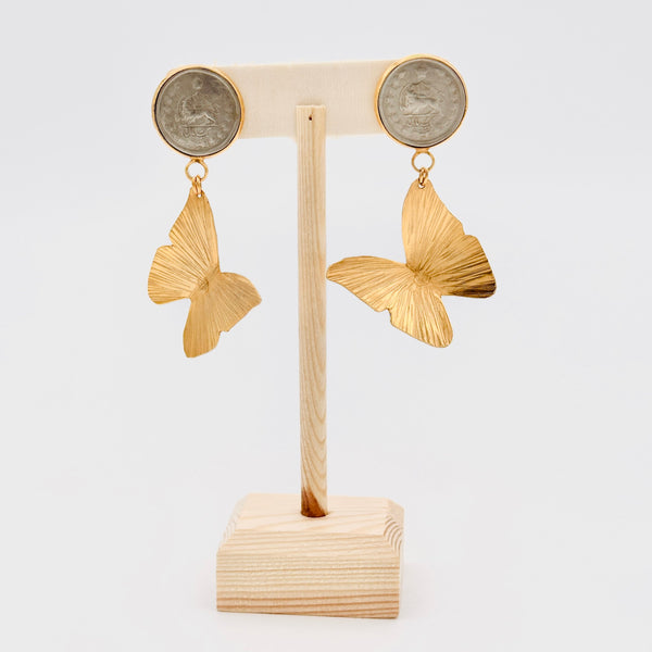 Golden Butterfly Earring With Pahlavi Coin