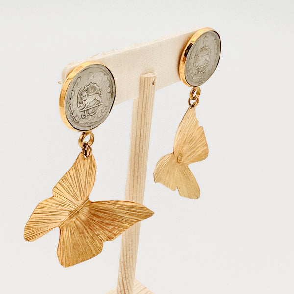 Golden Butterfly Earring With Pahlavi Coin
