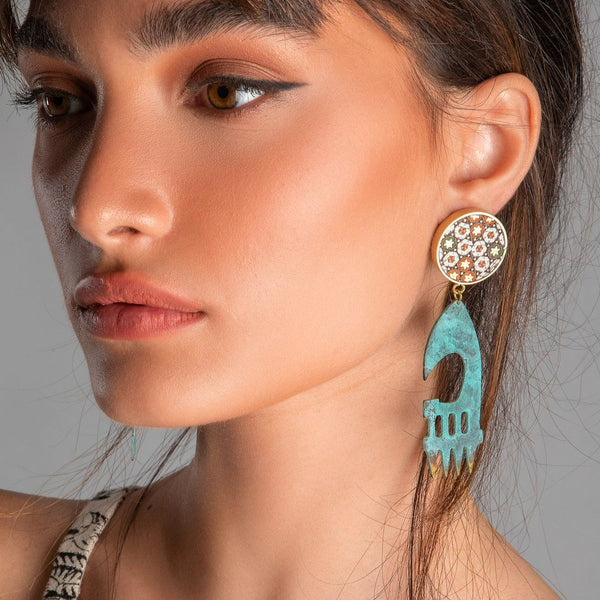 Large Ax Head Brass-Blue Patina Earring