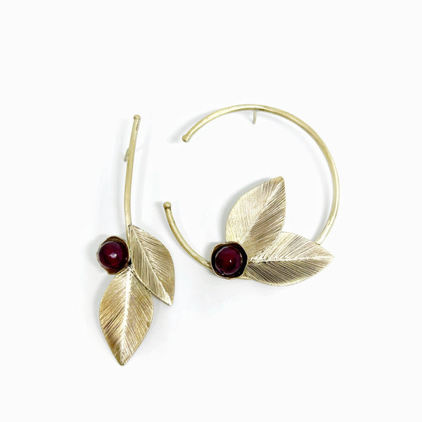 Asymmetrical Leaves Brass Earrings with Gem