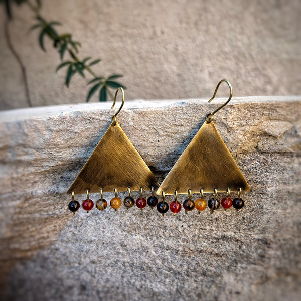 Triangle Brass Earrings with Drop Stones