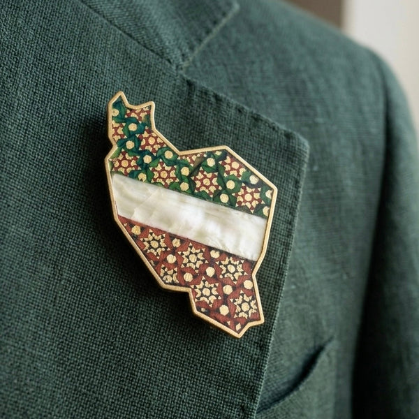 Iran Flag 22K Gold-Plated Khatam Brooch