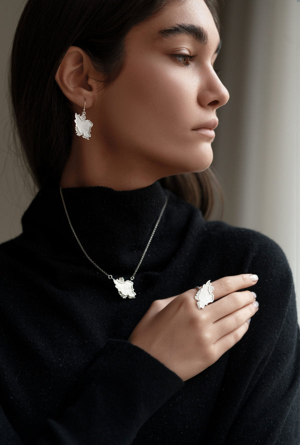 Silver Iran Map Ring, Necklace & Earrings