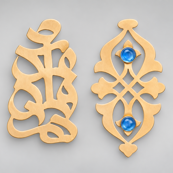 Asymmetrical Asheghaneh & Persian Motif Brass Earrings