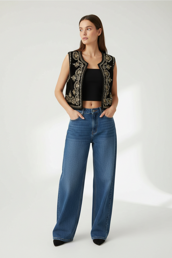 Zarrin Velvet Vest with Embroidery