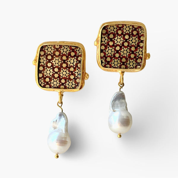 Tabriz Square 22K Gold-Plated Khatam Earrings with Pearl