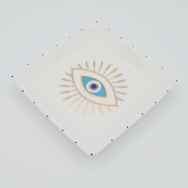 Turquoise Evil Eye Square Jewelry Dish with Gold
