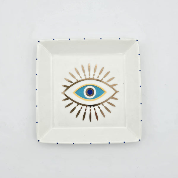 Turquoise Evil Eye Square Jewelry Dish with Gold