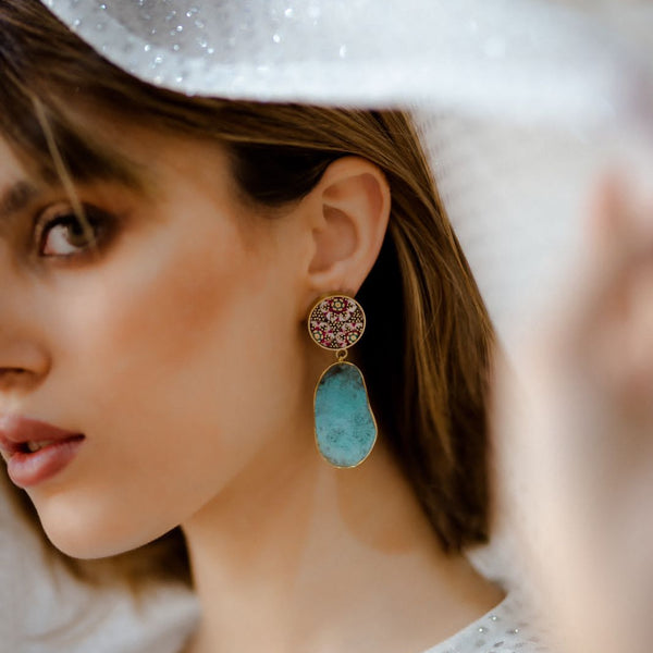 Adorn-Khatam Brass-Blue Patina Earring