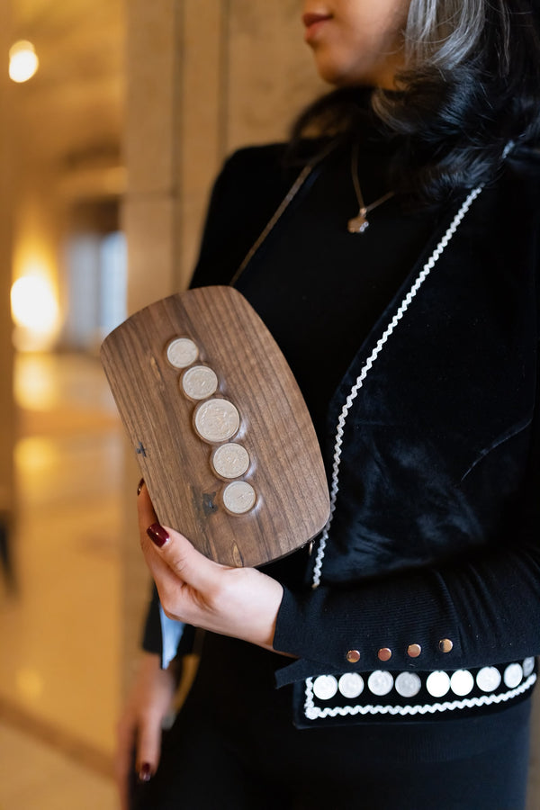 Panza Wooden Clutch with Pahlavi Coins