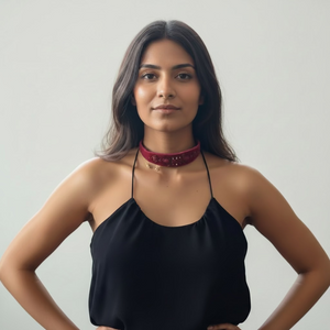 Woman wearing a black top and red choker with flowers in the foreground