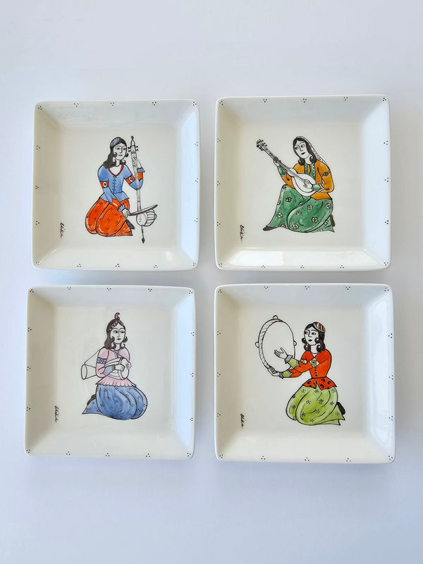Hand painted Qajar Instrumentalists Square plate (Set of 4)
