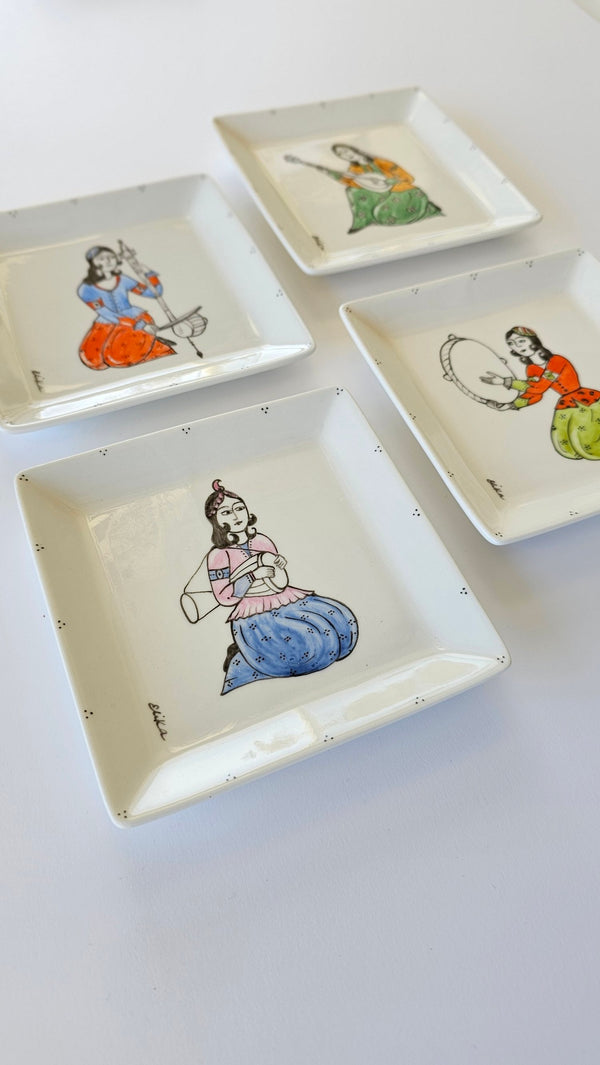 Hand painted Qajar Instrumentalists Square plate (Set of 4)