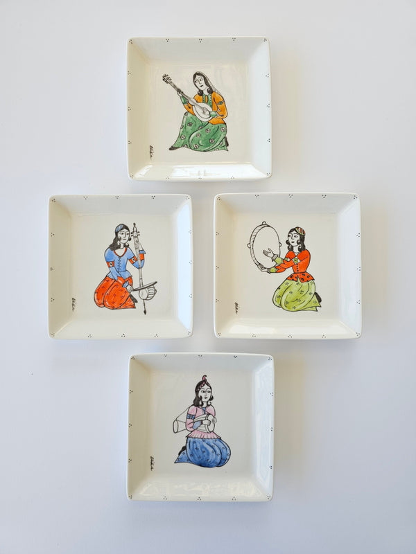 Hand painted Qajar Instrumentalists Square plate (Set of 4)