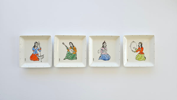 Hand painted Qajar Instrumentalists Square plate (Set of 4)