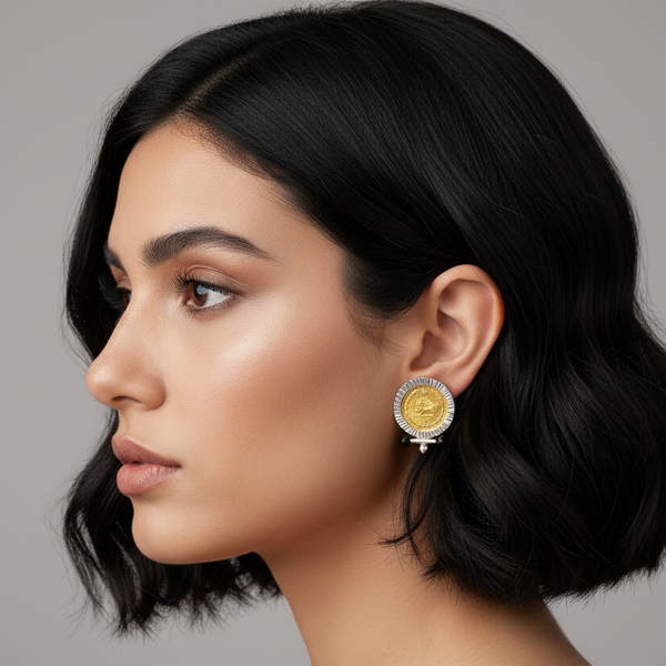 Pahlavi Coin Earrings with Black Gem