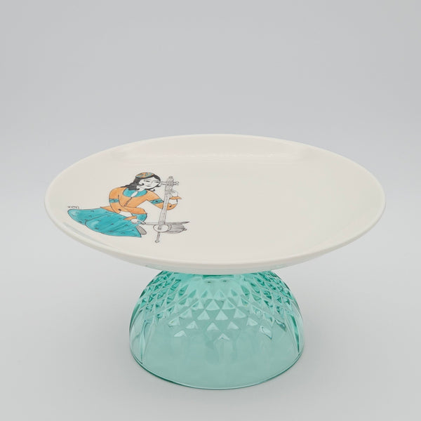 Ghajar Melody Dish with Blue Glass Stand (Hand Painted)