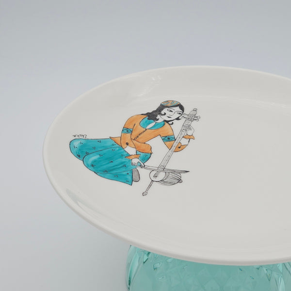 Ghajar Melody Dish with Blue Glass Stand (Hand Painted)