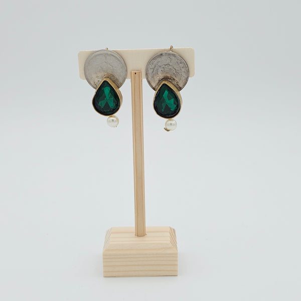 Green Tear Brass Earring with Pahlavi Coin