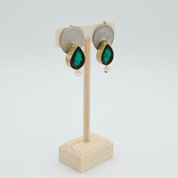Green Tear Brass Earring with Pahlavi Coin