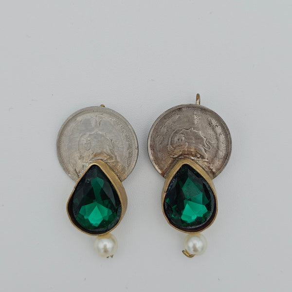 Green Tear Brass Earring with Pahlavi Coin