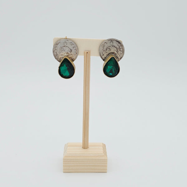 Green Tear Brass Earring with Pahlavi Coin