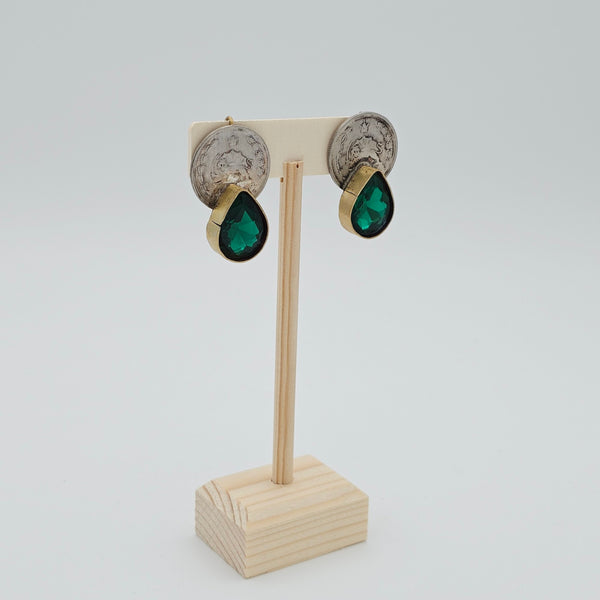 Green Tear Brass Earring with Pahlavi Coin