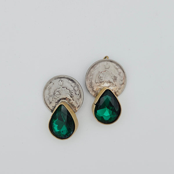 Green Tear Brass Earring with Pahlavi Coin