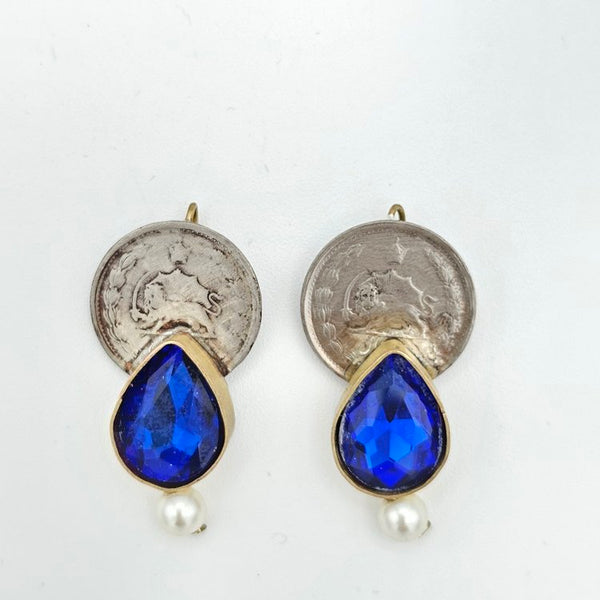 Blue Tear Brass Earring with Pahlavi Coin