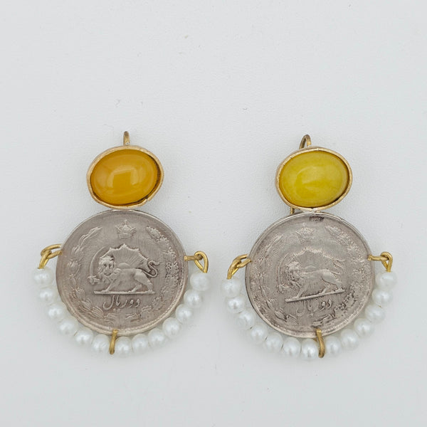 Yellow Stone Brass Earrings With Pahlavi Coin