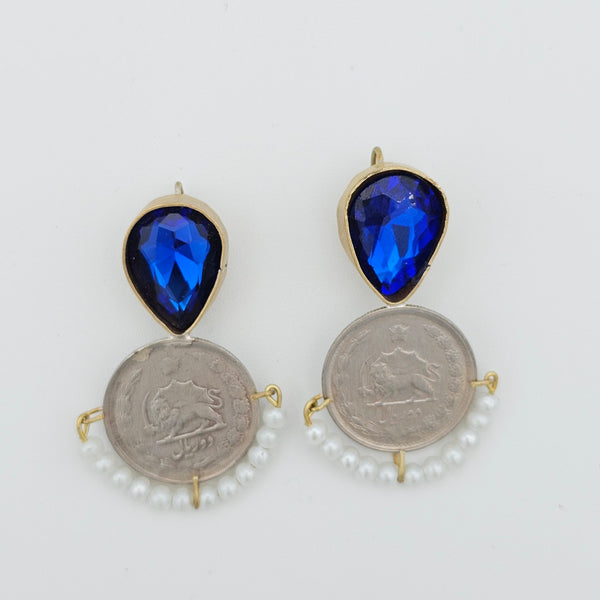 Tear Stone Brass Earring with Pahlavi Coin & Pearl