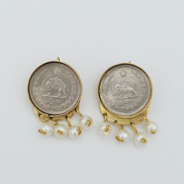 Framed Pahlavi Coin Brass Earring with Pearl