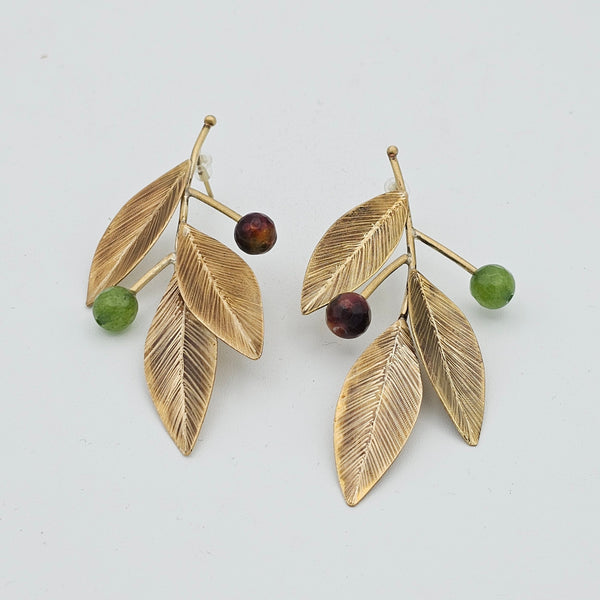 Green-Brown Leaf Brass Earrings