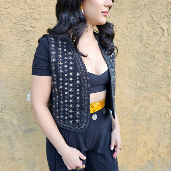 Black Vest with Gold Thread Embroidery