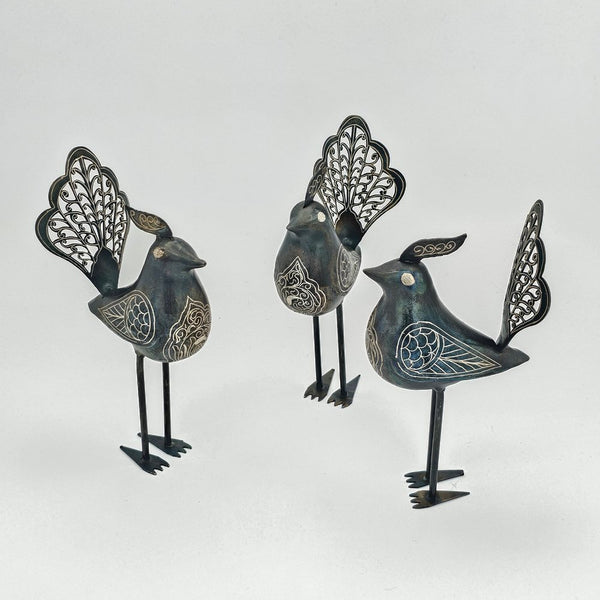 Hand Crafted Iron Birds- Tall Base with Silver Inlay