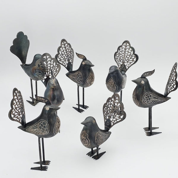 Hand Crafted Iron Birds- Tall Base with Silver Inlay