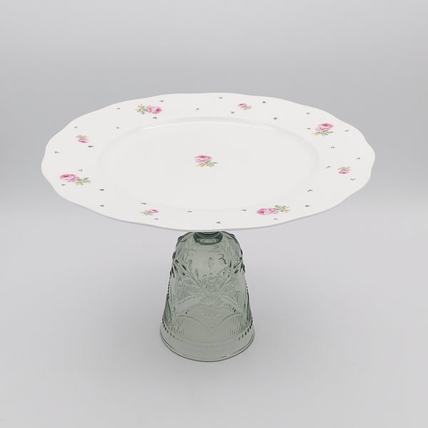 Pink Rose Rounded Plate with Glass Stand and Gold Touches