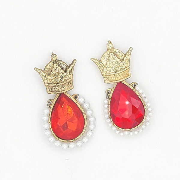 Crown Brass Red Stone Earrings