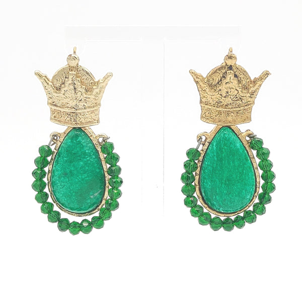Crown Brass Jade Stone Earrings