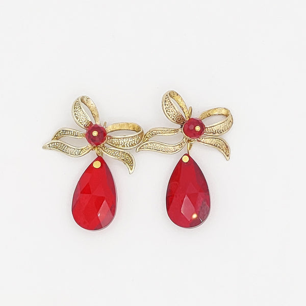 Golden Bow Red Stone Pendant Earring