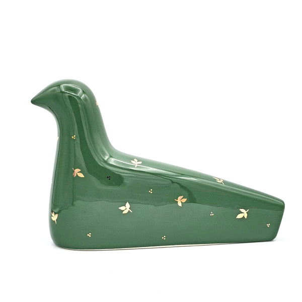 Green Ceramic Bird Sculpture with Gold Touches