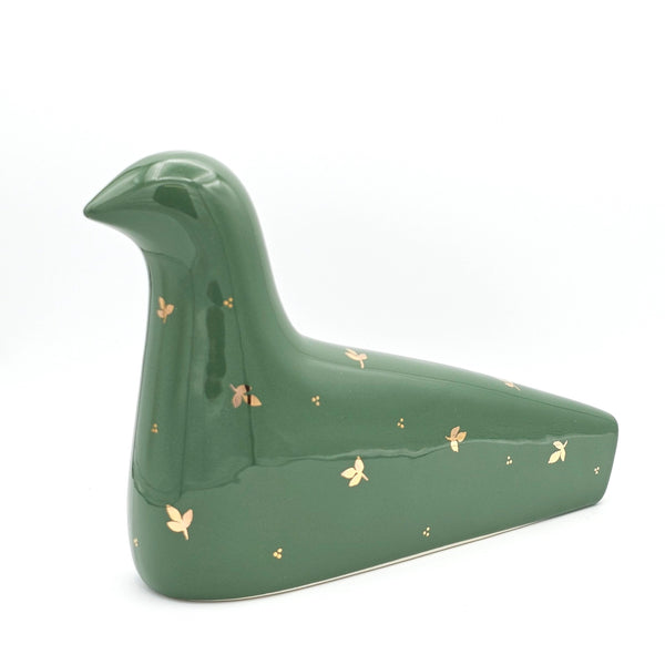 Green Ceramic Bird Sculpture with Gold Touches