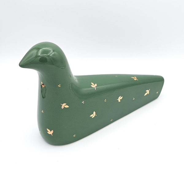 Green Ceramic Bird Sculpture with Gold Touches