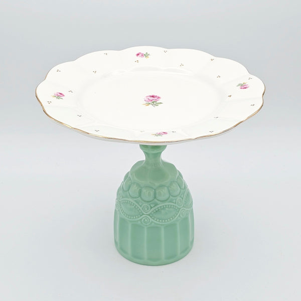 Waved Pink Rose Plate with Glass Stand and Gold Touches